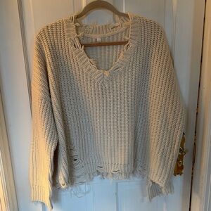 LF Oversized Distressed V-Neck Sweater in Cream